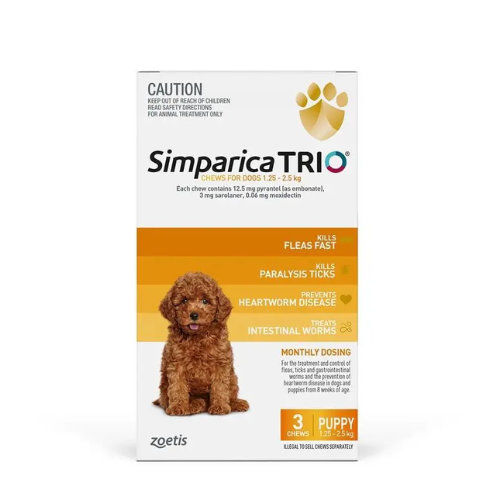 Simparica TRIO Yellow Flea, Tick & Worm Chews 1.25-2.5kg Dog Puppy