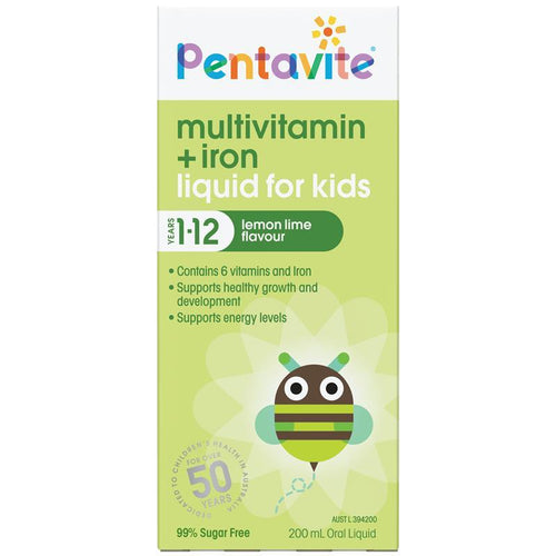 Pentavite Multivitamin + Iron Kids Liquid Lemon Lime 200ml NEW