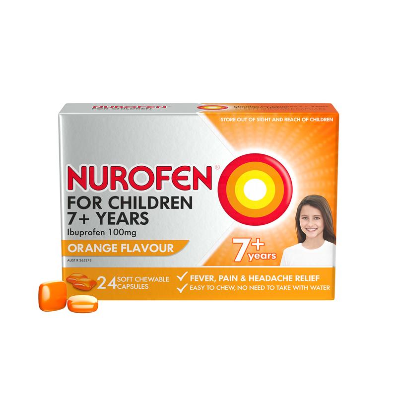 Nurofen For Children 7+ Pain and Fever Relief | 24 Chewable Capsules Orange 