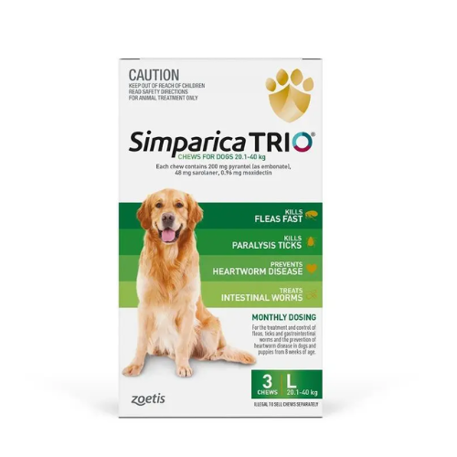 Simparica TRIO Green Flea, Tick & Worm Chews 20.1-40kg For Large Dogs