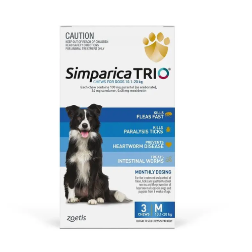 Simparica TRIO Blue Flea, Tick & Worm Chews 10.1-20kg Medium Size Dogs